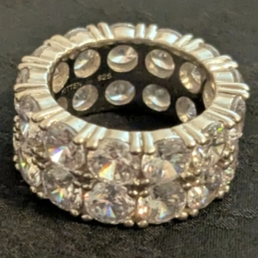 Trendy 925 Solid Sterling Silver Ring Brilliant Double Row CZ Tennis Ring Size 6 - Picture 5 of 7